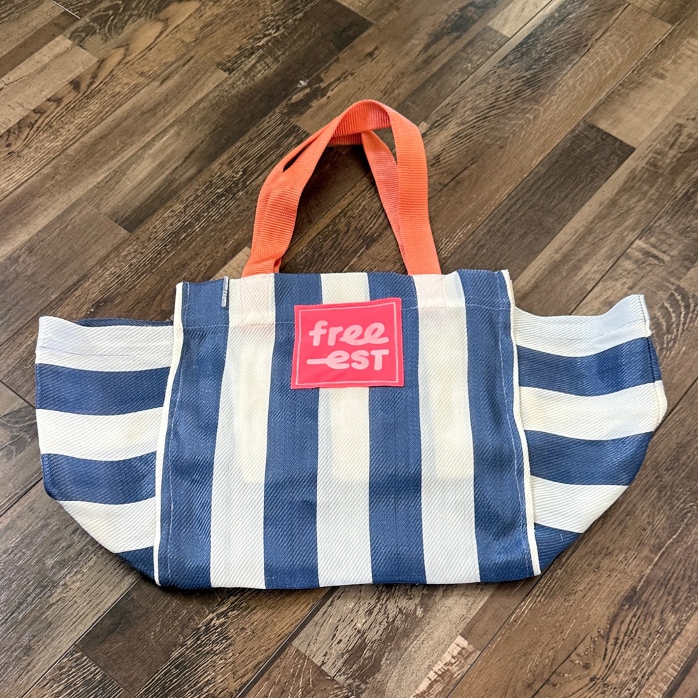 Free People Navy and White Striped Tote with Orange Handles